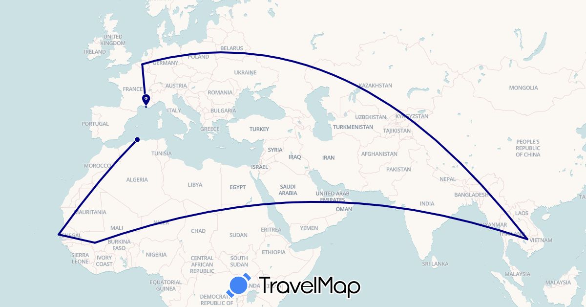 TravelMap itinerary: driving in Belgium, Algeria, France, Cambodia, Mali, Senegal (Africa, Asia, Europe)